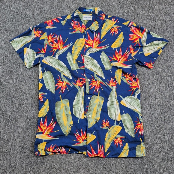 Jack & Jones Tropical Bird of Paradise Floral Shirt L Blue Cotton Hawaiian Men — photo 2